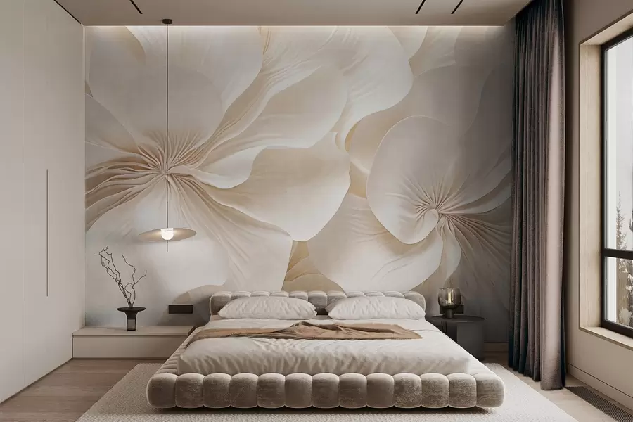 Фототапет Близък план на цветя с кремава текстура и деликатни, преливащи се венчелистчета, които създават мека, елегантна и текстурирана цветна аранжировка w09346