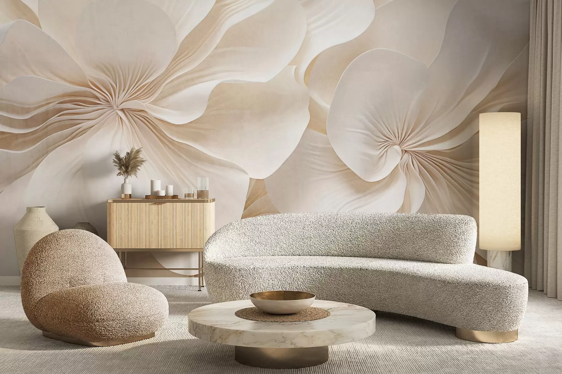 Фототапет Близък план на цветя с кремава текстура и деликатни, преливащи се венчелистчета, които създават мека, елегантна и текстурирана цветна аранжировка w09346