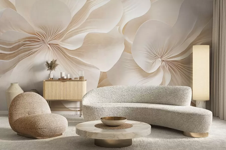 Фототапет Близък план на цветя с кремава текстура и деликатни, преливащи се венчелистчета, които създават мека, елегантна и текстурирана цветна аранжировка w09346