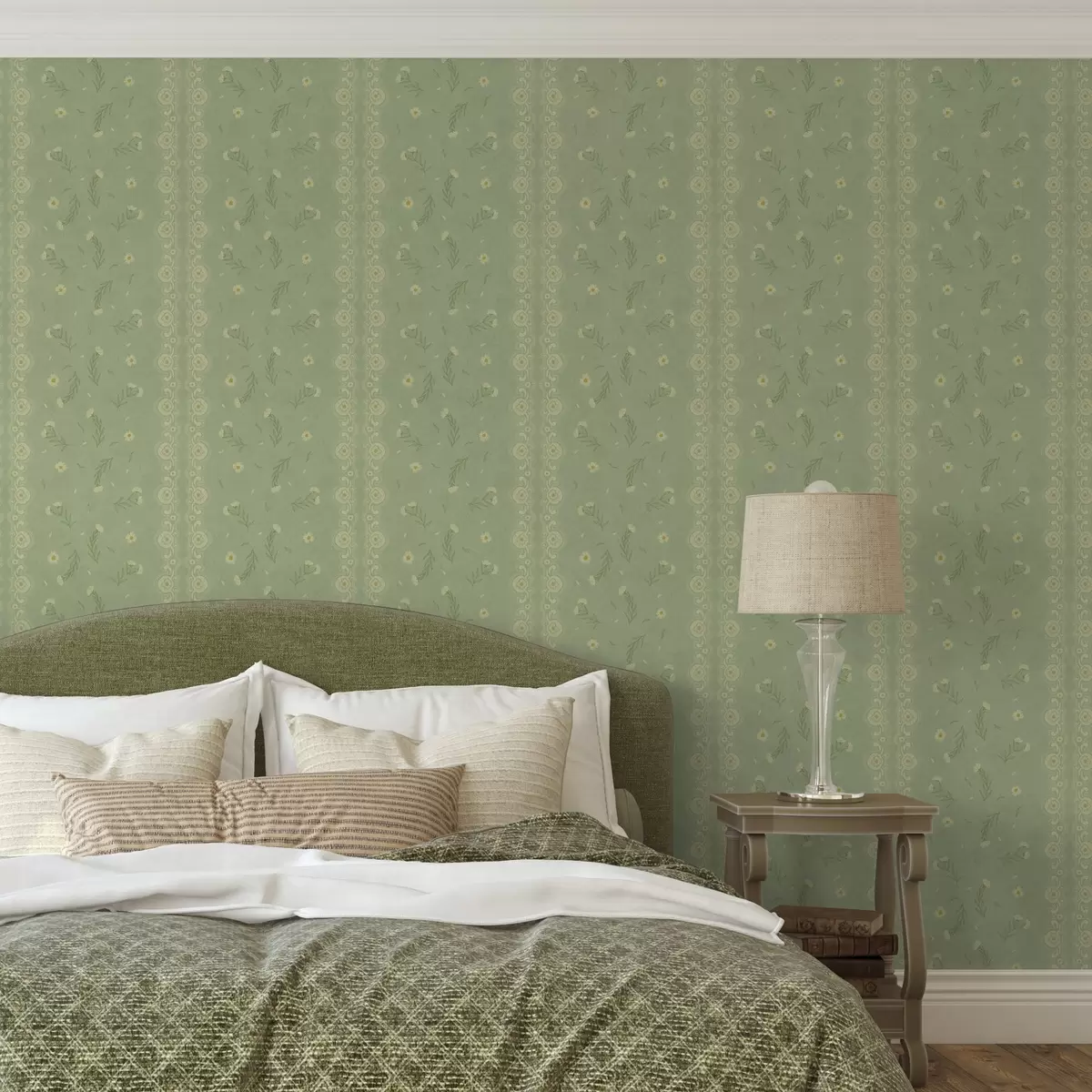 Тапети Зелен фон с маргаритки и дантелен кант a00291