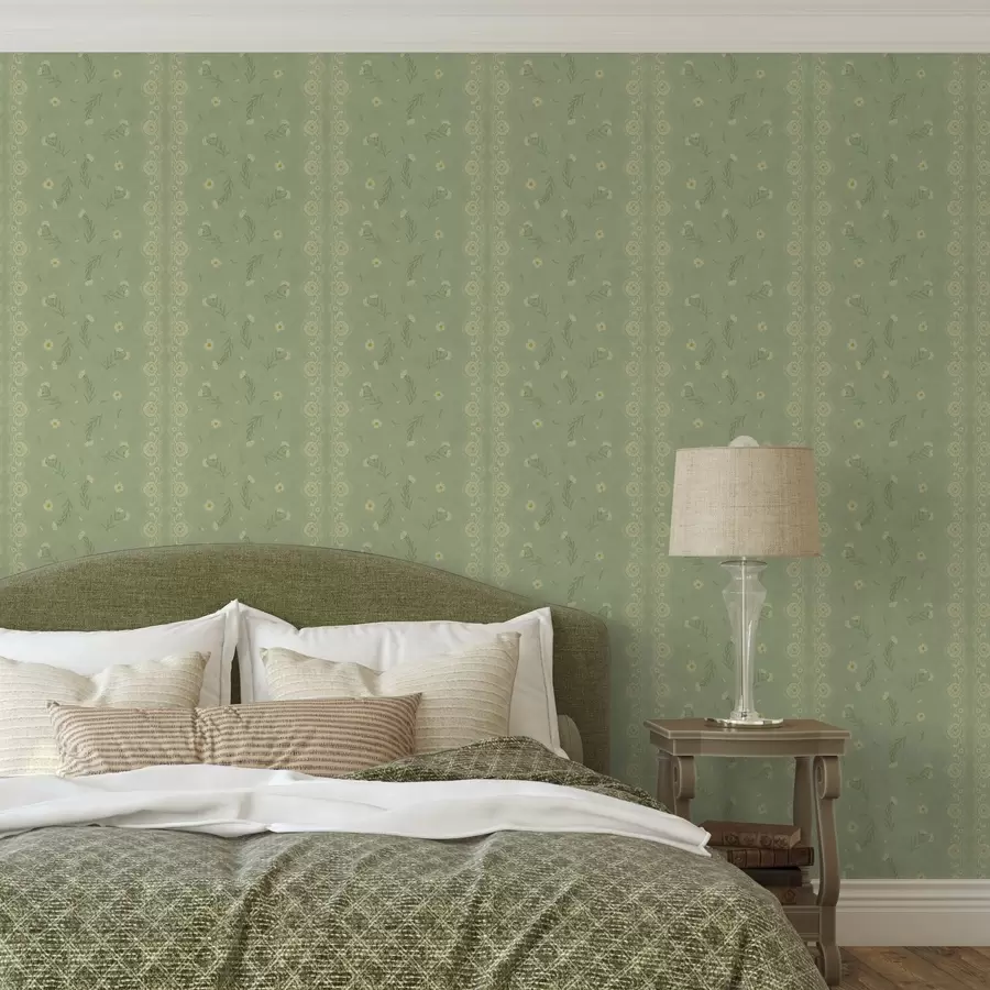 Фототапет Зелен фон с маргаритки и дантелен кант a00291