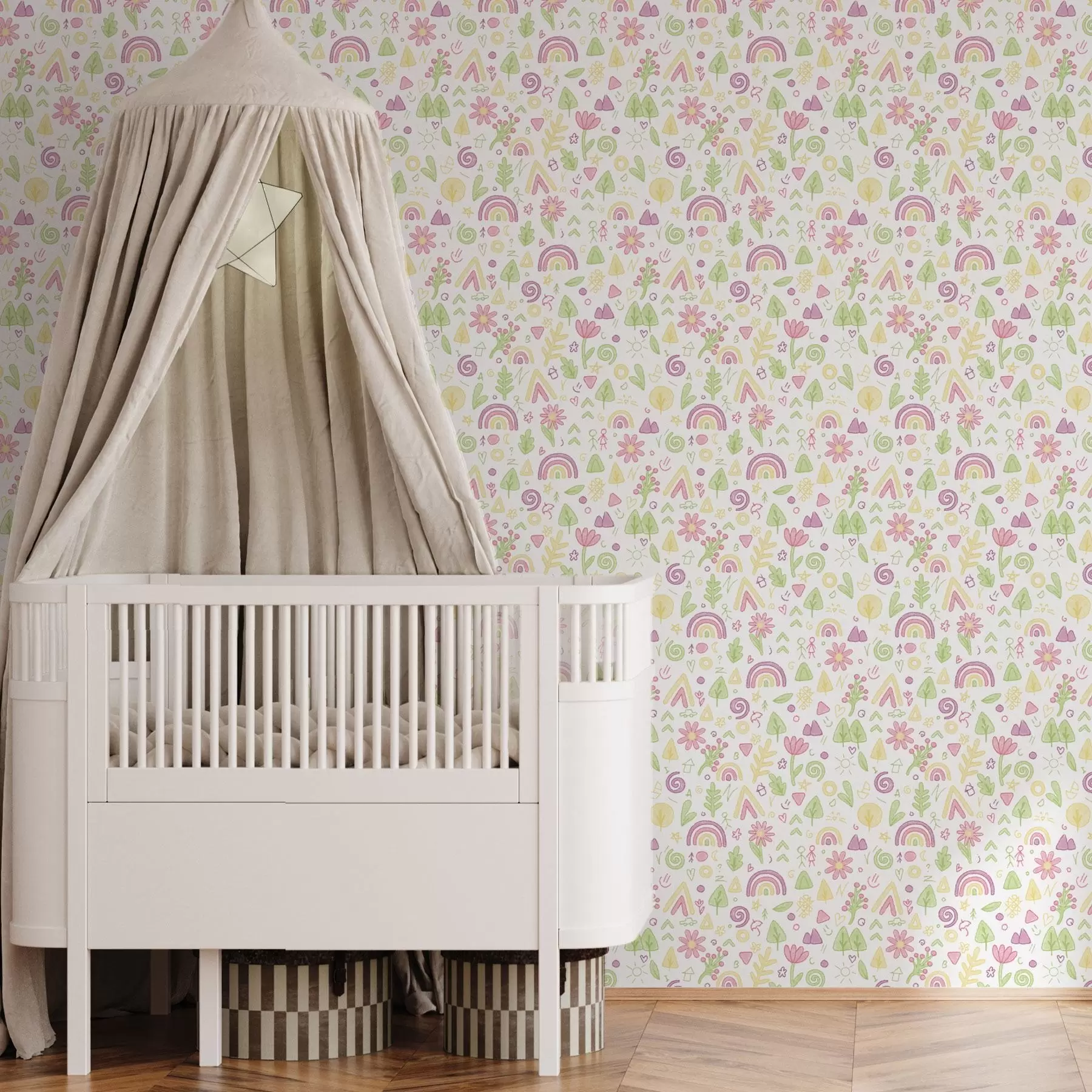 Фототапет Детска рисунка с дъги, цветя и дървета a00296