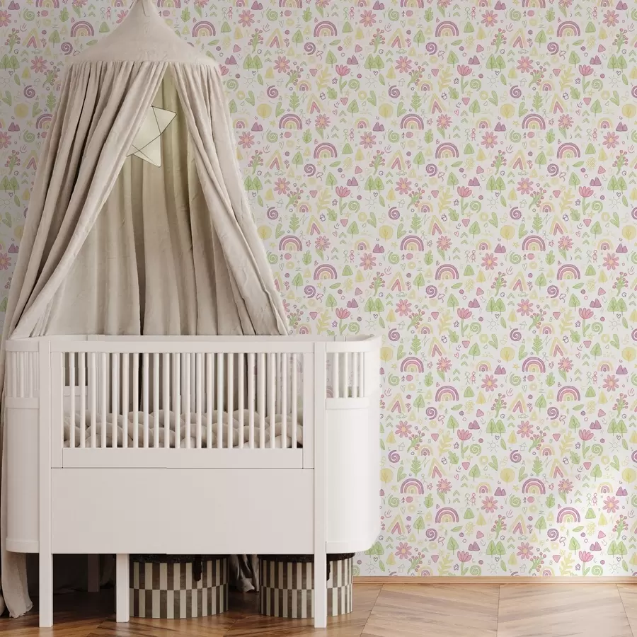 Фототапет Детска рисунка с дъги, цветя и дървета a00296