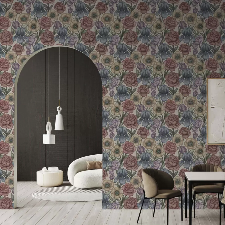 Фототапет Големи флорални илюстрации с ириси и божури a00325