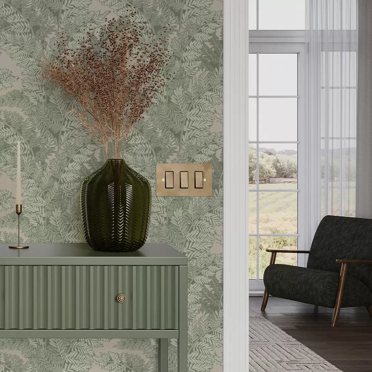 Тапети Зелен модел с листа от папрат a00345