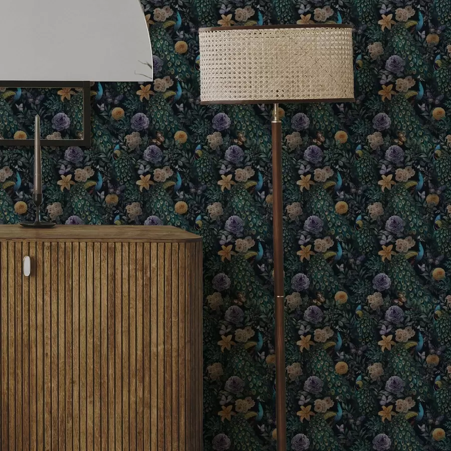 Фототапет Пауни сред тъмни цветя и пеперуди a00348