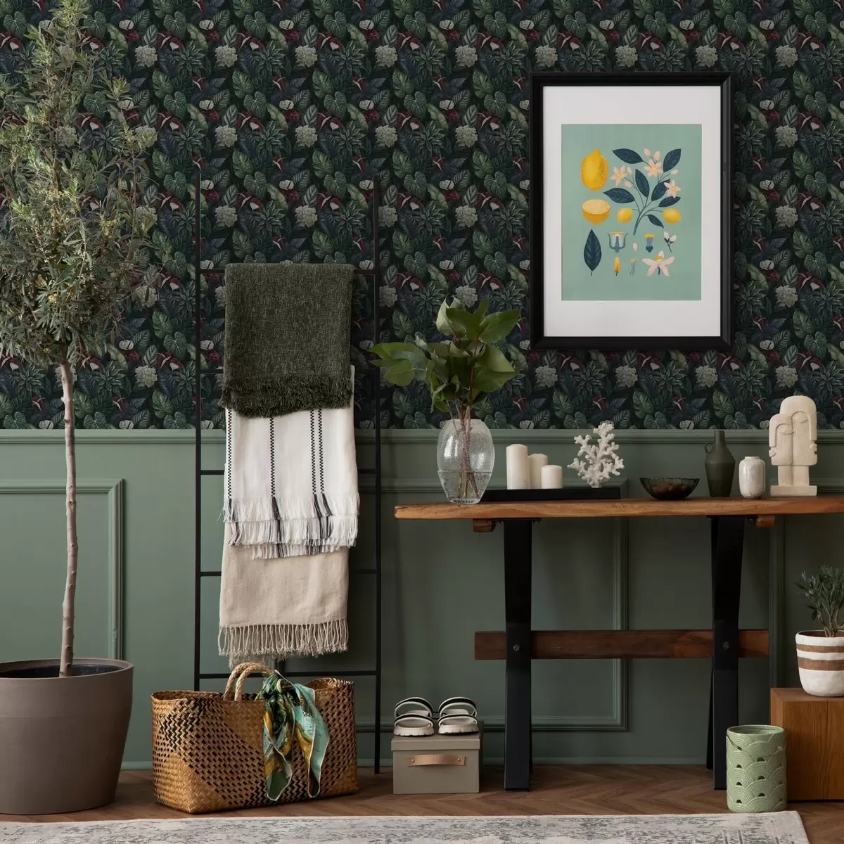 Тапети Тропически листа с бели и червени цветове a00361