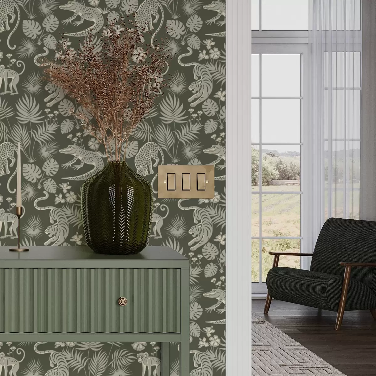 Тапети Силуети на диви животни сред тропически листа a00404