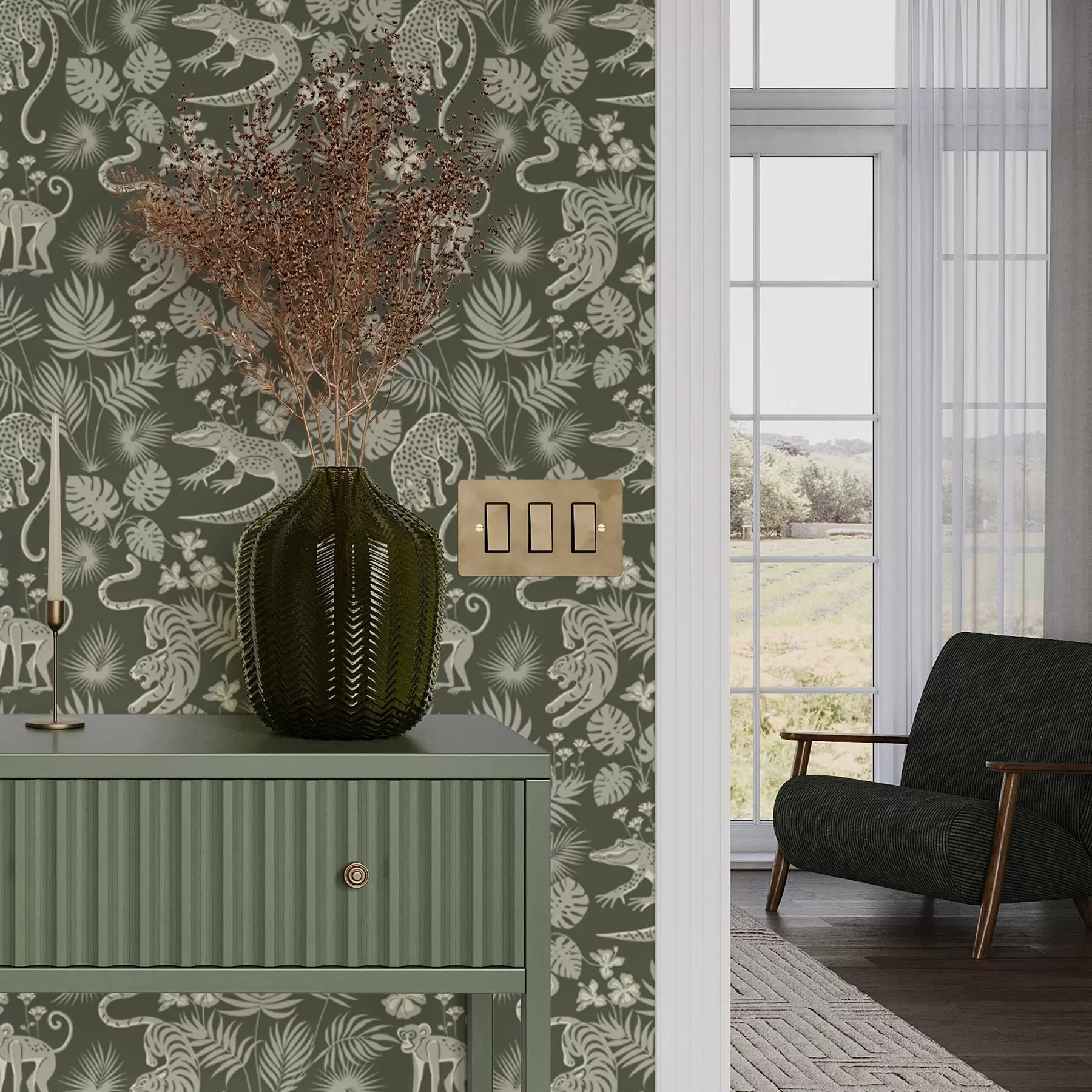 Фототапет Силуети на диви животни сред тропически листа a00404