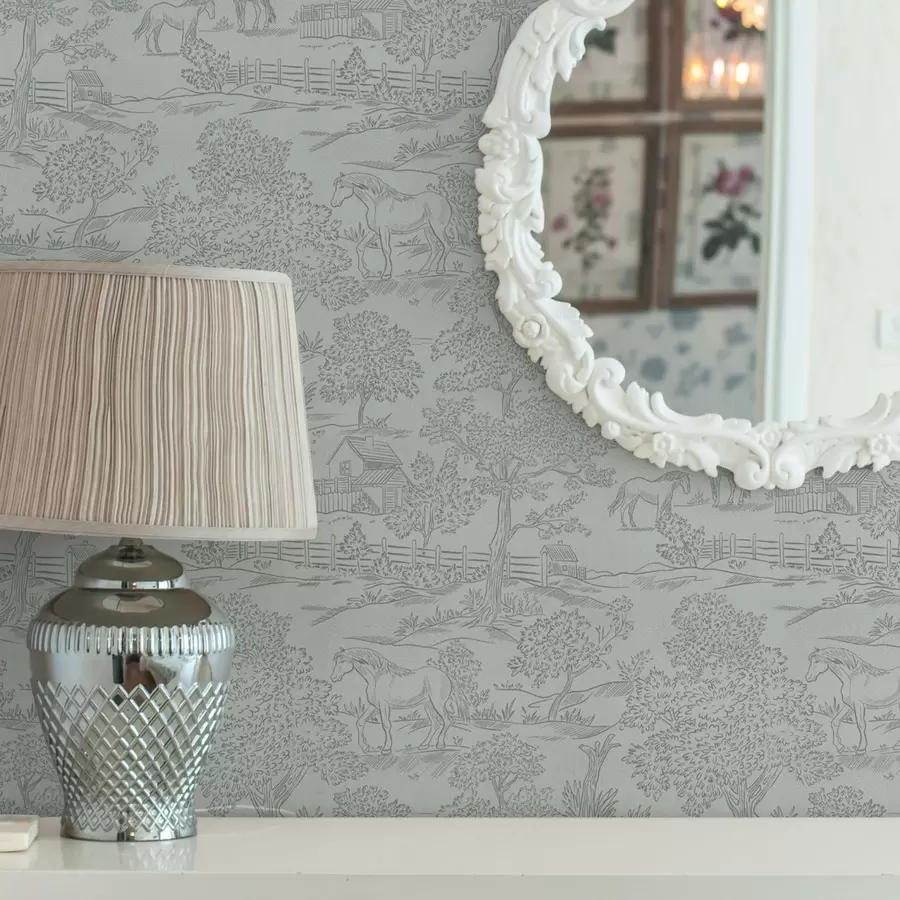 Фототапет Зелен монохромен пейзаж с коне и къщички a00407