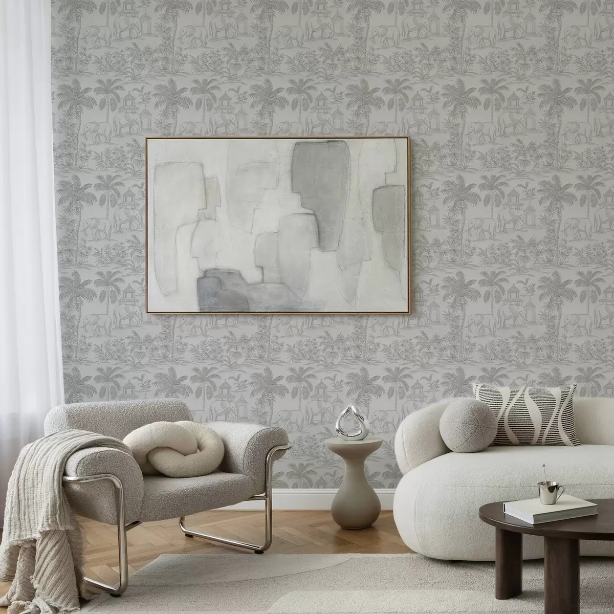 Тапети Монохромни слонове и джунгла в графичен стил a00410