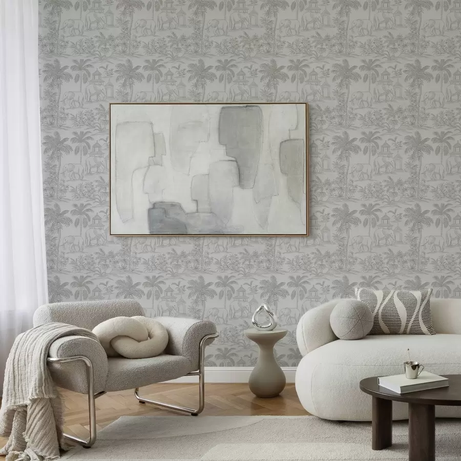 Фототапет Монохромни слонове и джунгла в графичен стил a00410