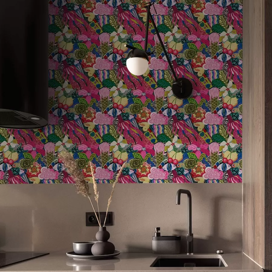 Фототапет Абстрактен поп-арт с цветя, плодове и шарки a00471