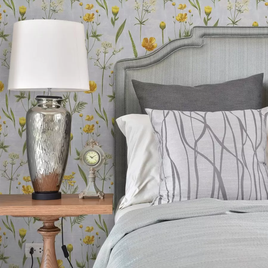 Фототапет Жълти цветя и зеленина на светлосив фон a00472