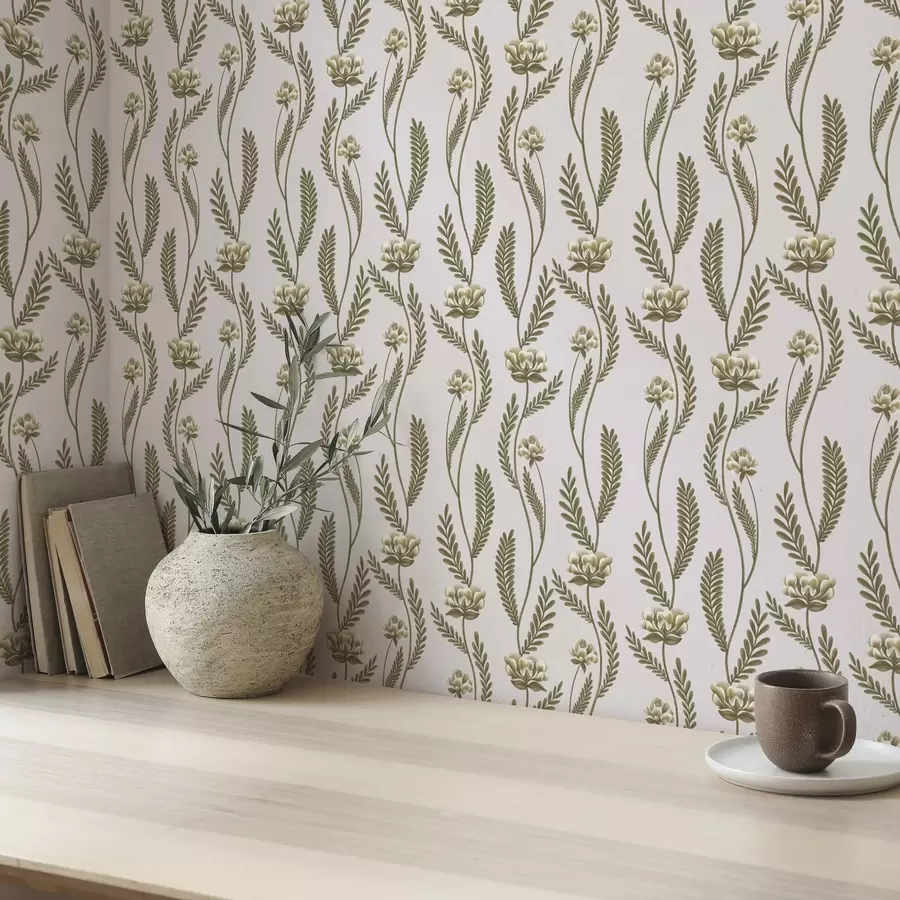 Фототапет Вертикален орнамент с бели цветя на розов фон a00476