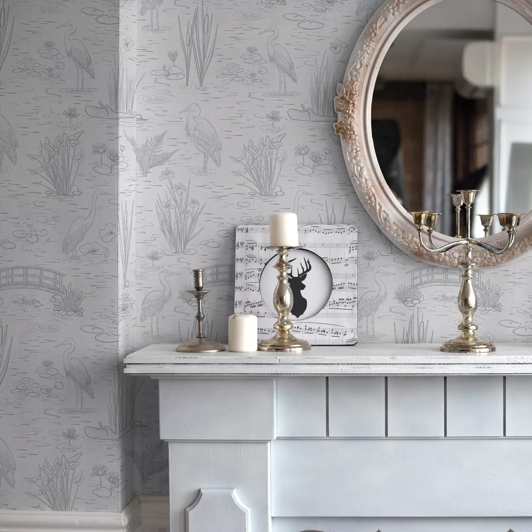 Фототапет Рисунка на чапли и водни растения в спокойни сиви нюанси a00479