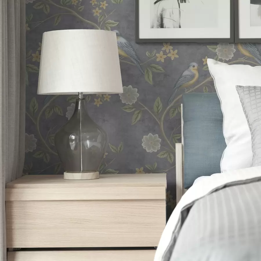 Фототапет Птици върху клони сред цветя на сив фон a00483