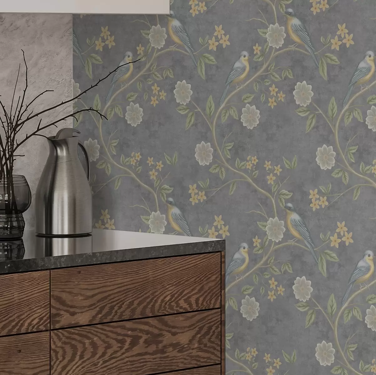 Тапети Птици върху клони сред цветя на сив фон a00483