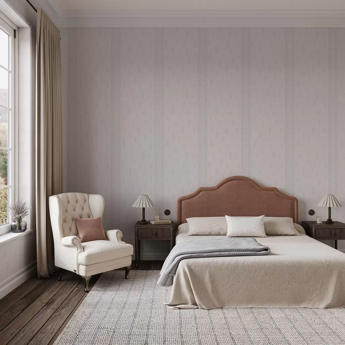 Тапети Розов фон с деликатни сини цветя и рамка a00484