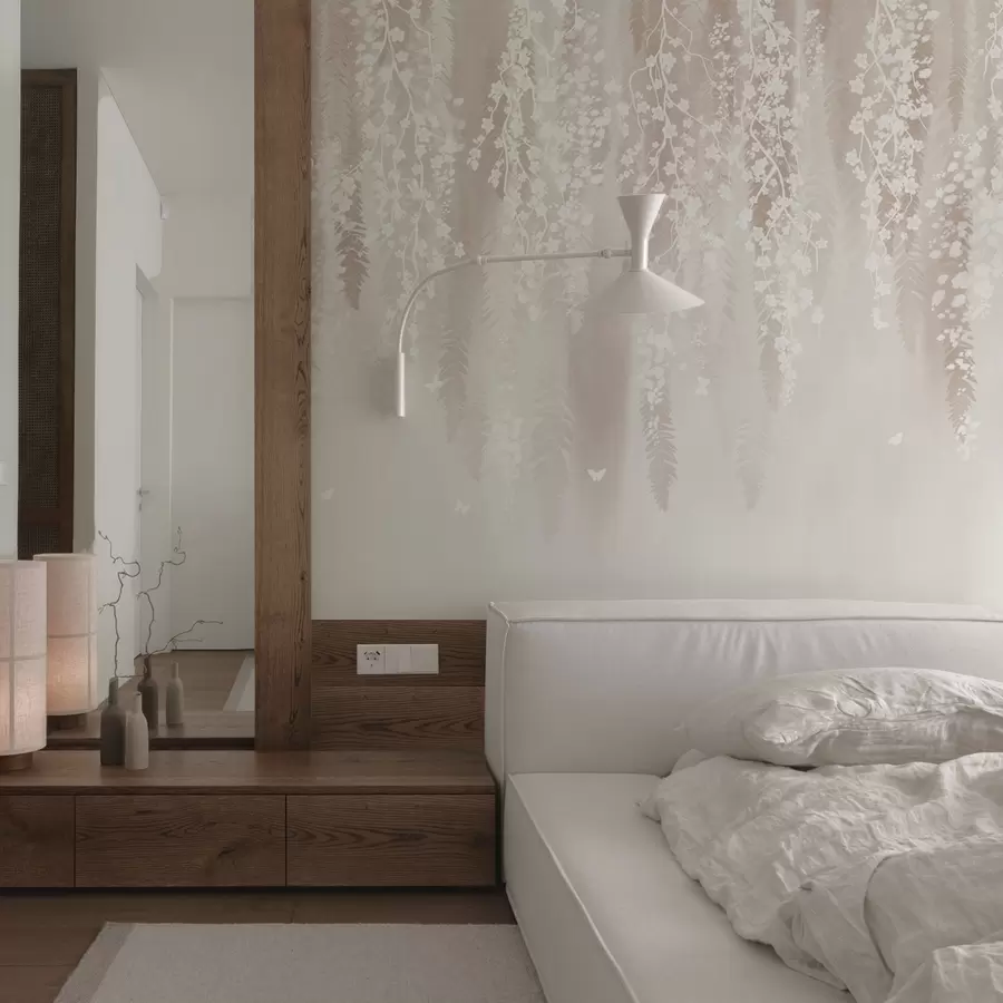 Фототапет Светли клони с бели цветя на нежен фон w04417