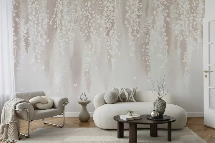 Фототапет Светли клони с бели цветя на нежен фон w04417