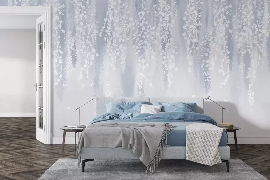 Фототапет Хладна синя версия на клони с бели цветя w04417v2