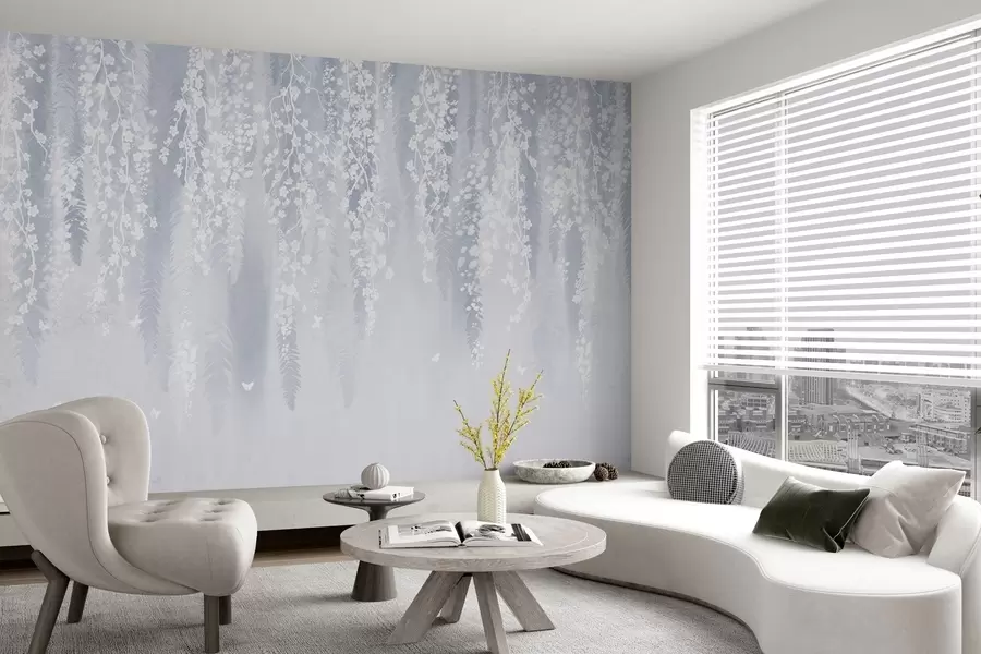 Фототапет Хладна синя версия на клони с бели цветя w04417v2