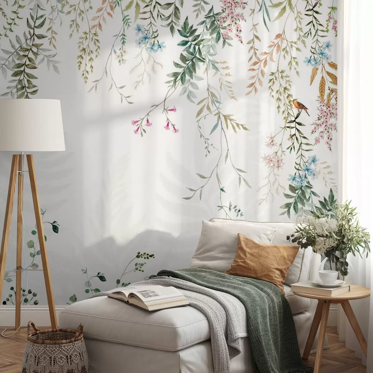 Фототапет Ботаническа илюстрация с папрати, трева и висящи растения, пастелни тонове, на бял фон, акварелен текстуриран стил w09364