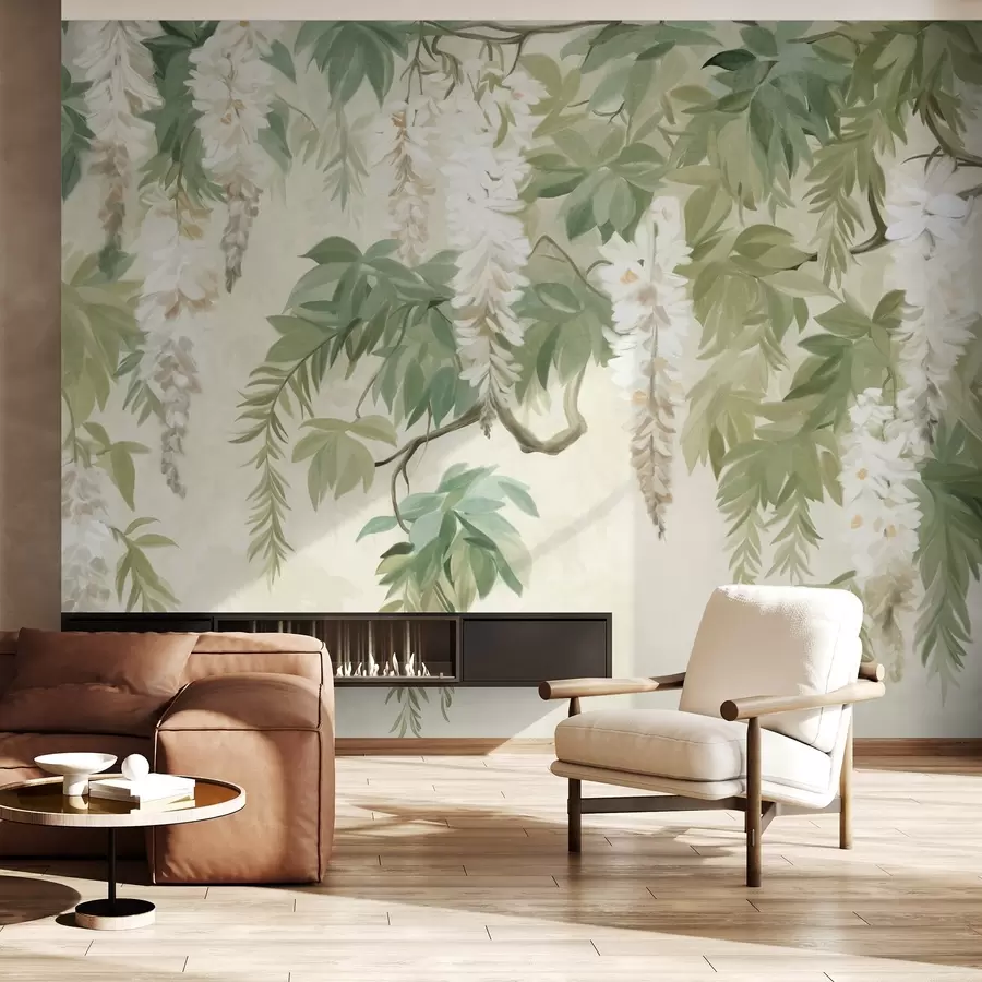 Фототапет Клони на глициния с бели цветове и зелени листа, зелен фон, текстуриран стил на винтидж живопис w09375