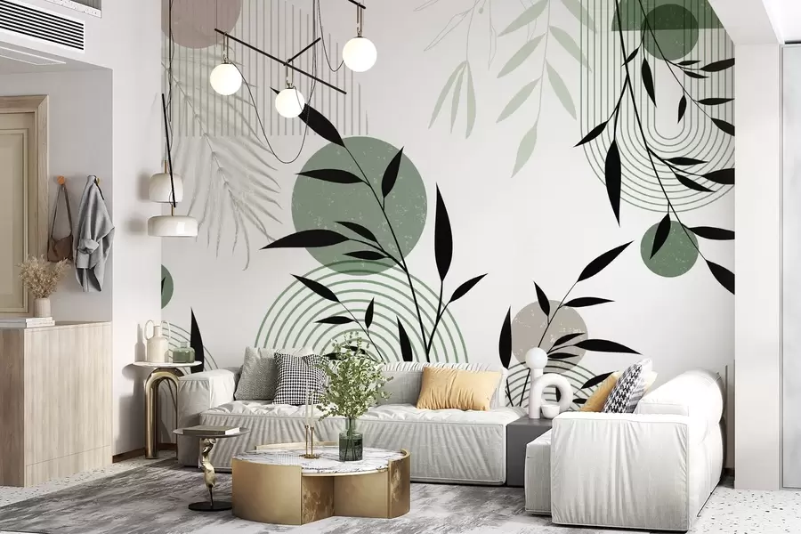 Фототапет Текстуриран абстрактен печат с геометрични фигури, кръгове и арки и черни и зелени растения на бял фон w09384