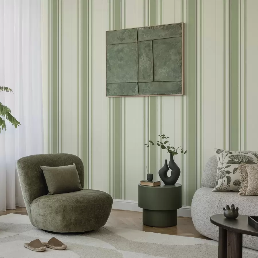 Фототапет Кремав фон с широка зелена централна ивица a00519