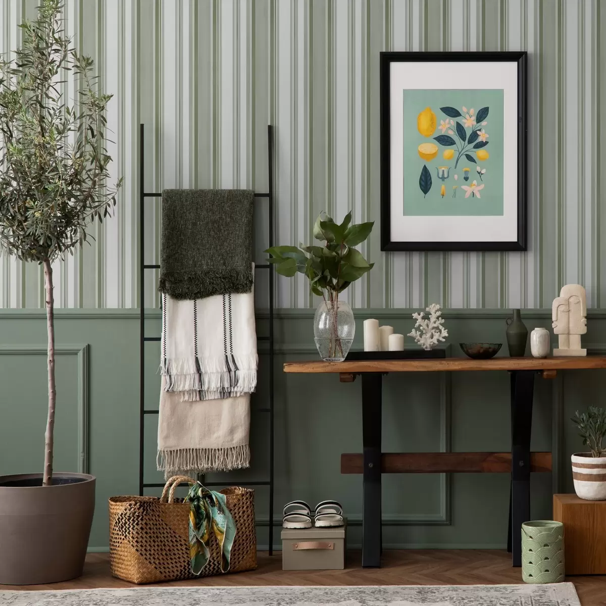 Тапети Зелени ивици с бели интервали и тънки линии a00526