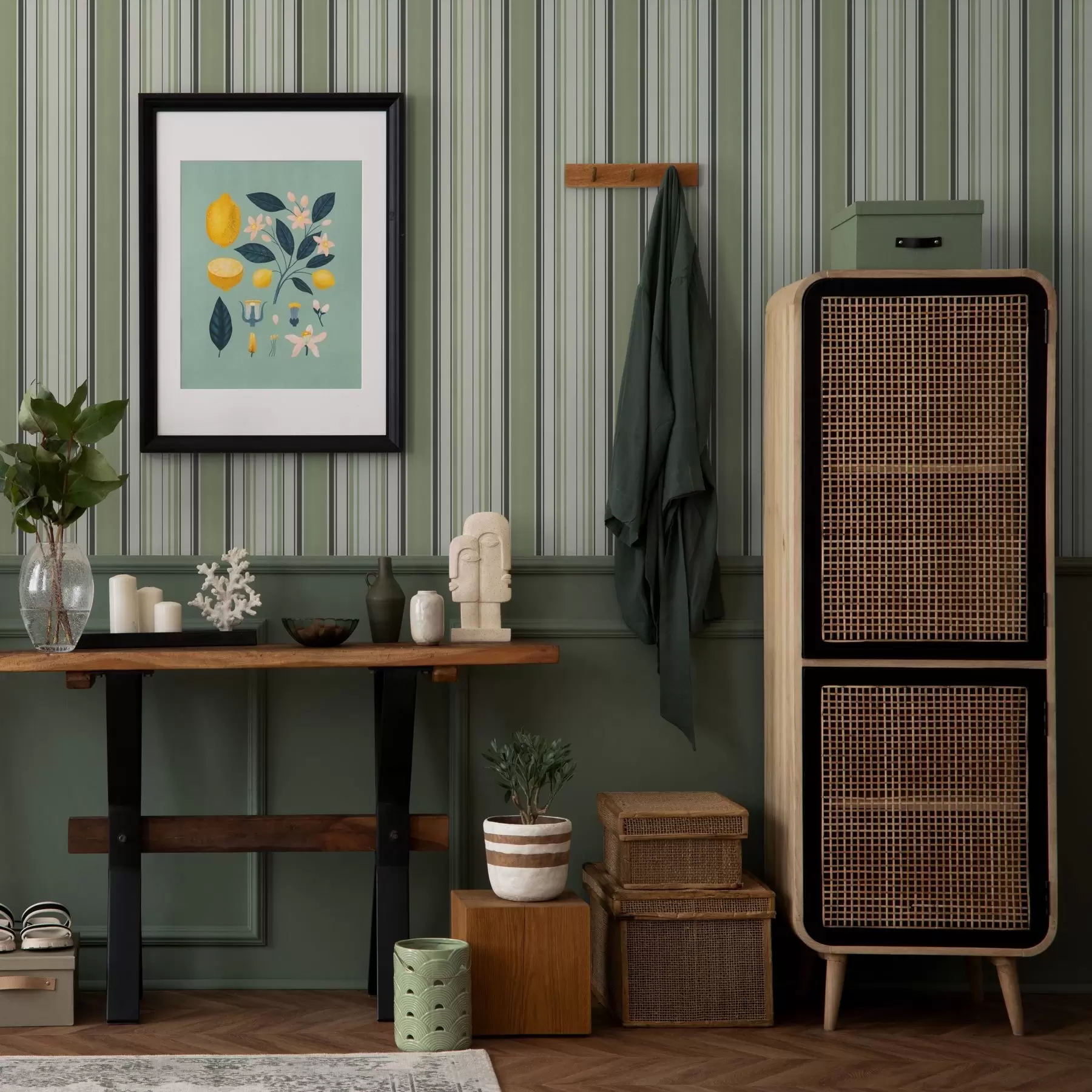 Фототапет Кремав фон със смесица от зелени и черни ивици a00563