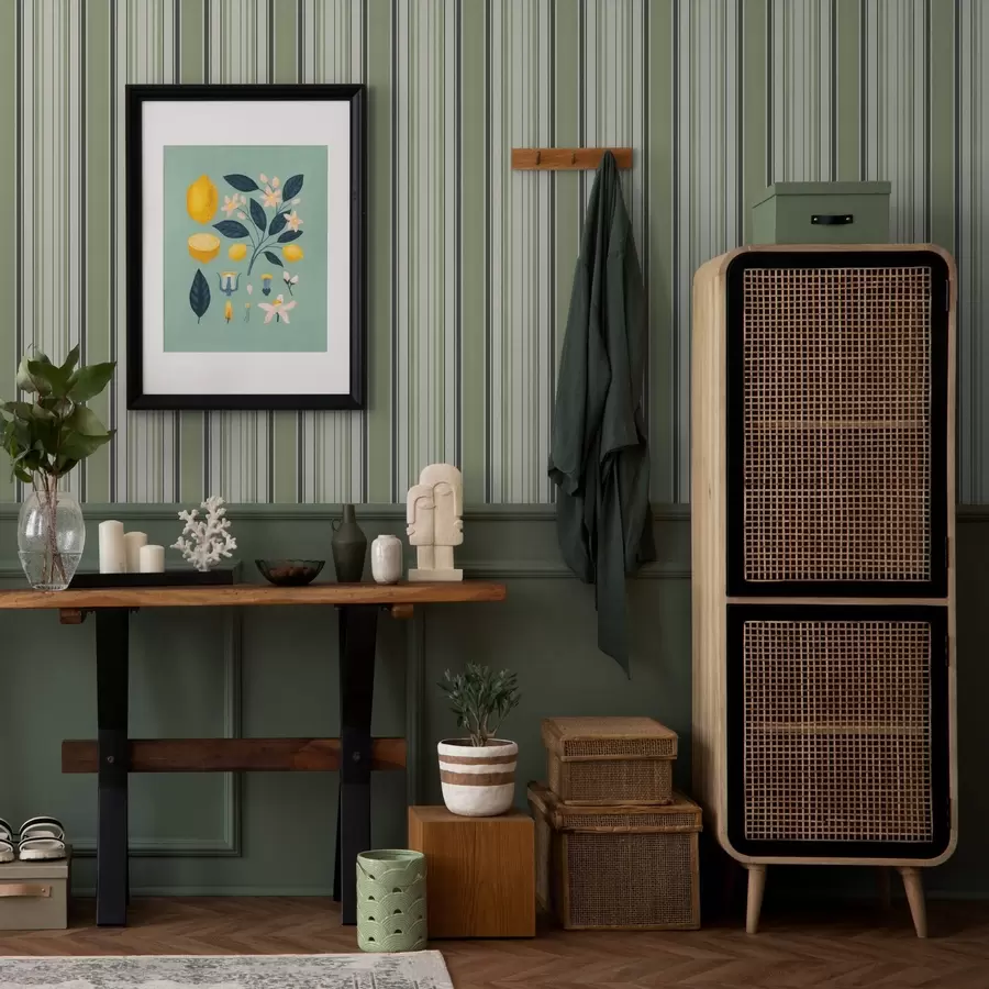 Фототапет Кремав фон със смесица от зелени и черни ивици a00563