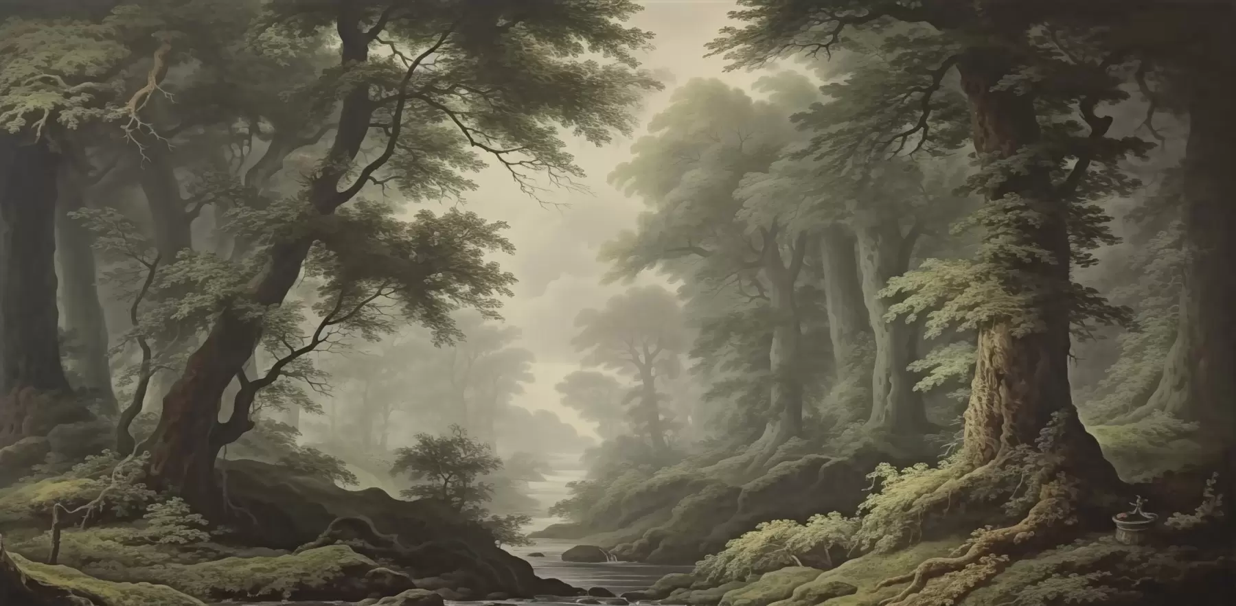 Фототапет Мъглива гора с река и високи вековни дървета w04555