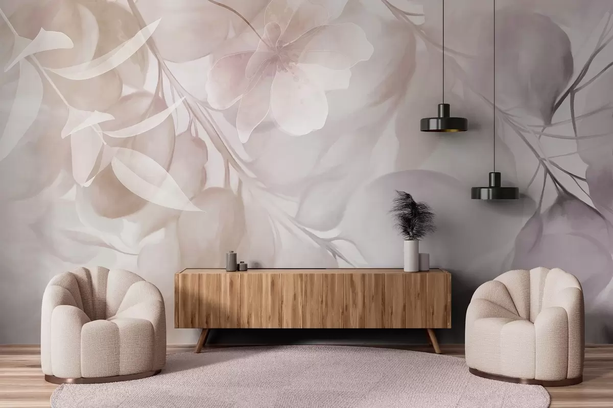 Фототапет Цветя с приглушени бежови и кафяви цветове, листа и клони, меки пастелни цветове, ефект на акварелна текстура w09397