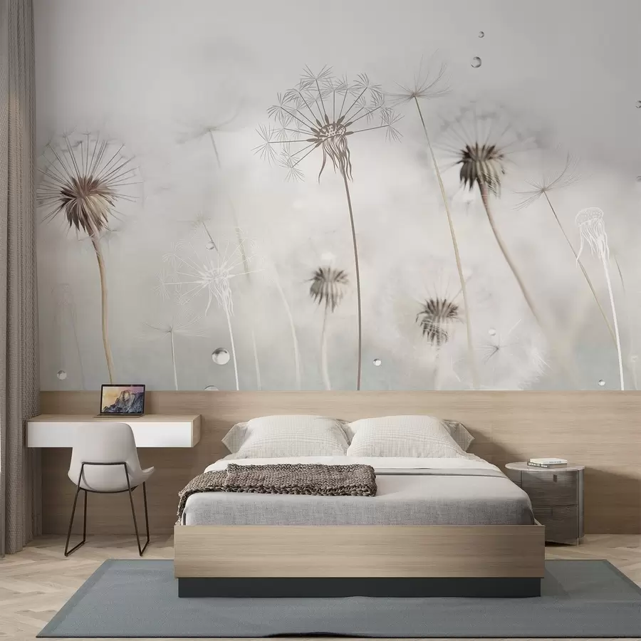 Фототапет Лютици с капки вода, бял фон, близък план, мека светлина, природа, ботанически, ефирен, деликатен, минималистичен w09399