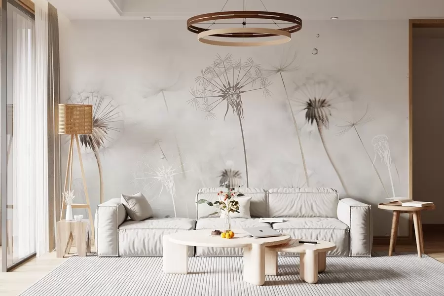 Фототапет Лютици с капки вода, бял фон, близък план, мека светлина, природа, ботанически, ефирен, деликатен, минималистичен w09399