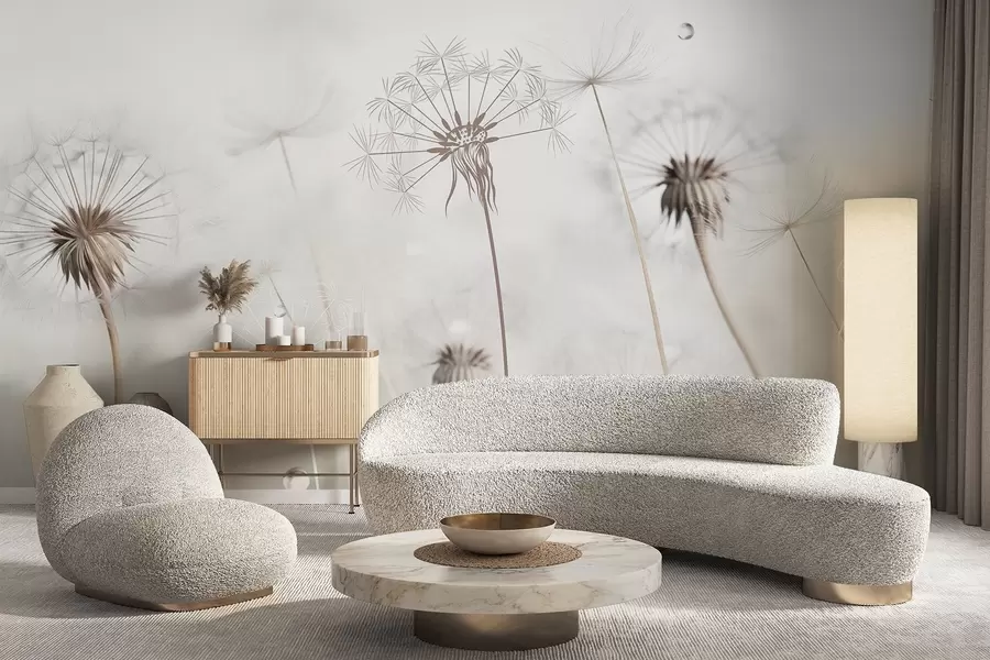 Фототапет Лютици с капки вода, бял фон, близък план, мека светлина, природа, ботанически, ефирен, деликатен, минималистичен w09399