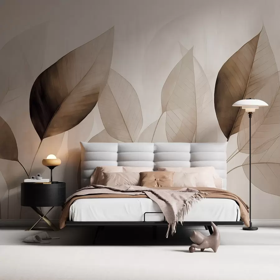 Фототапет Текстурирана имитация на листа в кафяви и бежови нюанси с деликатни жилки и стъбла w09400v1