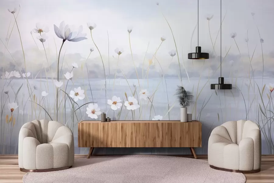 Фототапет Бели цветя с дълги стъбла в поле, светло синьо небе, меки цветове, текстурирани, минималистичен стил, вдъхновени от природата, спокоен фон w09401