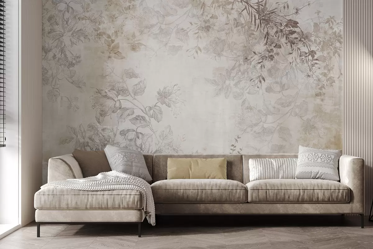 Фототапет Винтидж текстурирано флорално изкуство с илюстрации на нежни градински цветя и листа, изрисувани в деликатен стил, в меки пастелни бежови и сепия то w09402