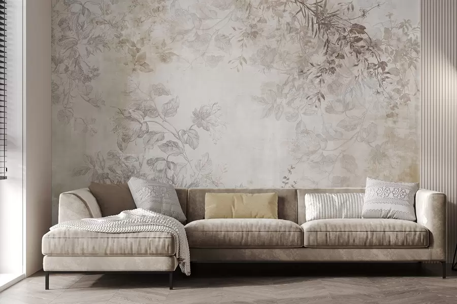 Фототапет Винтидж текстурирано флорално изкуство с илюстрации на нежни градински цветя и листа, изрисувани в деликатен стил, в меки пастелни бежови и сепия то w09402