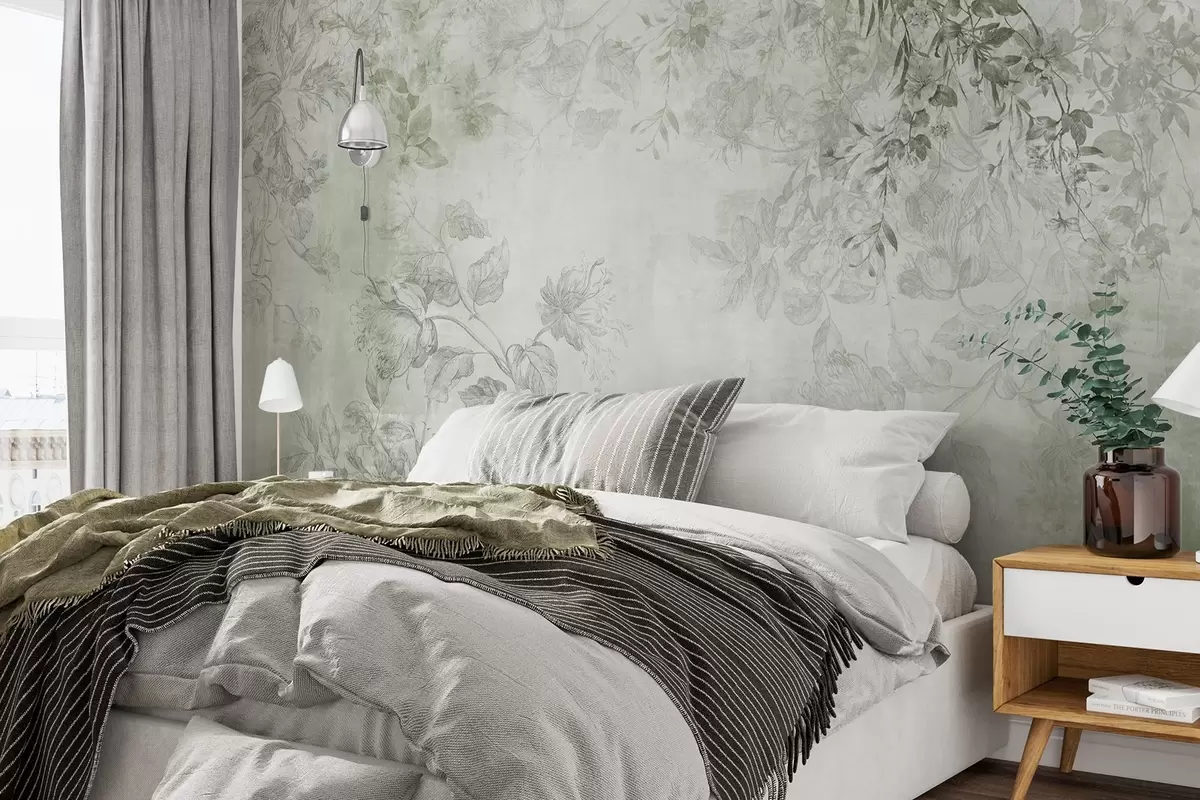 Фототапет Винтидж текстурирано флорално изкуство с илюстрации на нежни градински цветя и листа в стил рисунка, меки зелени тонове w09402v2