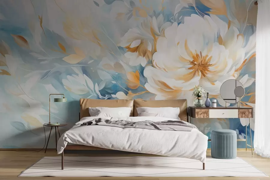 Фототапет Текстурирано бяло цвете със сини и жълти детайли и листа на синьо-бял абстрактен фон, стил на рисуване w09403