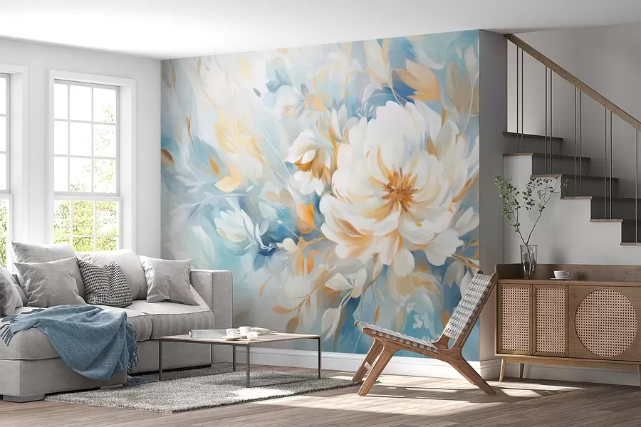 Фототапет Текстурирано бяло цвете със сини и жълти детайли и листа на синьо-бял абстрактен фон, стил на рисуване w09403