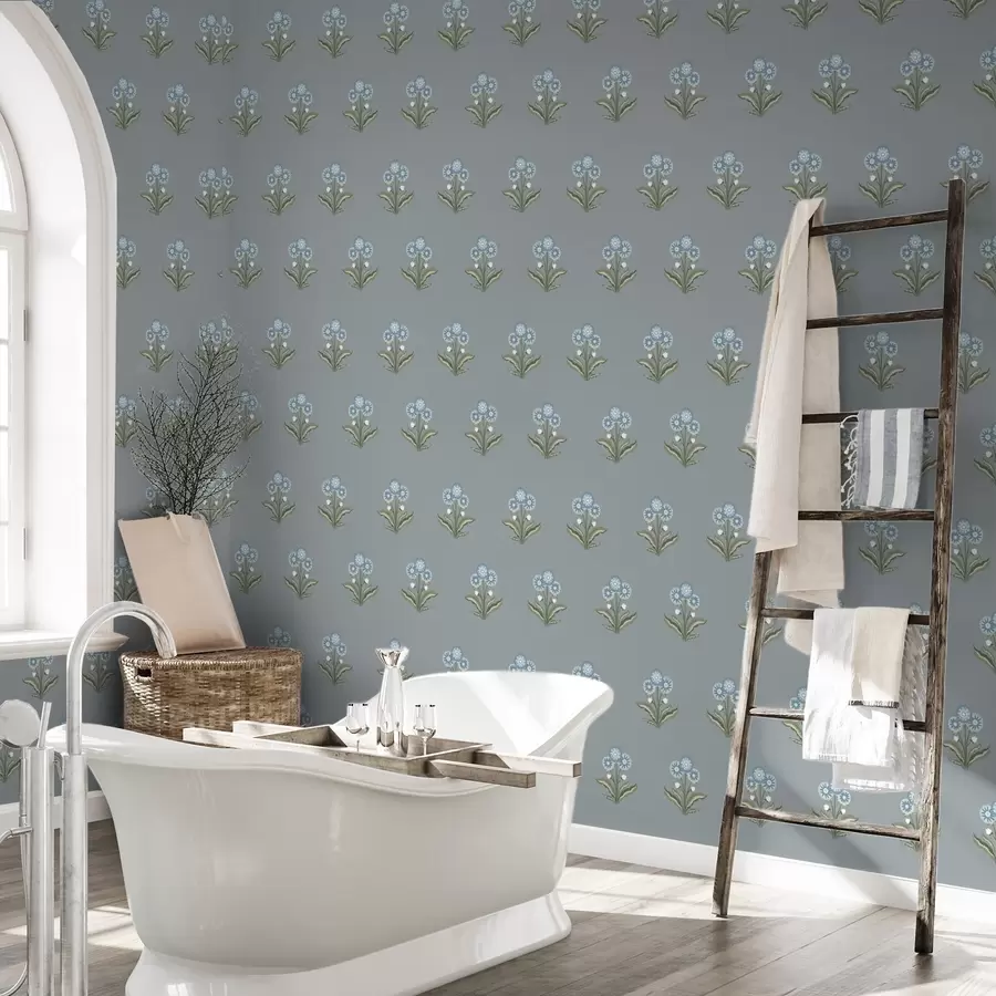 Фототапет Стилизирани цветя на сиво-син фон, студена палитра a00494v1