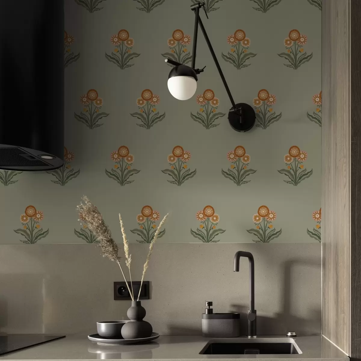 Тапети Стилизирани цветя на маслинено зелен фон, топли тонове a00494v2