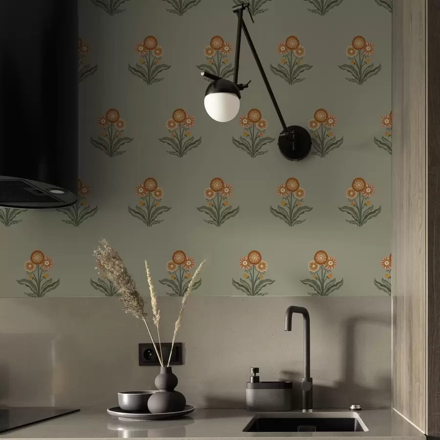 Фототапет Стилизирани цветя на маслинено зелен фон, топли тонове a00494v2