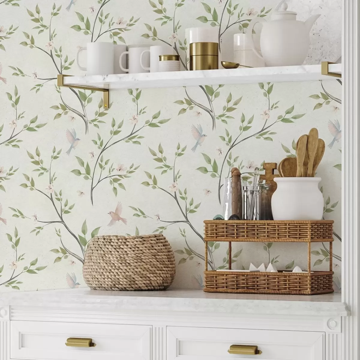 Тапети Акварелни клони с листа и птици на светъл фон a00496